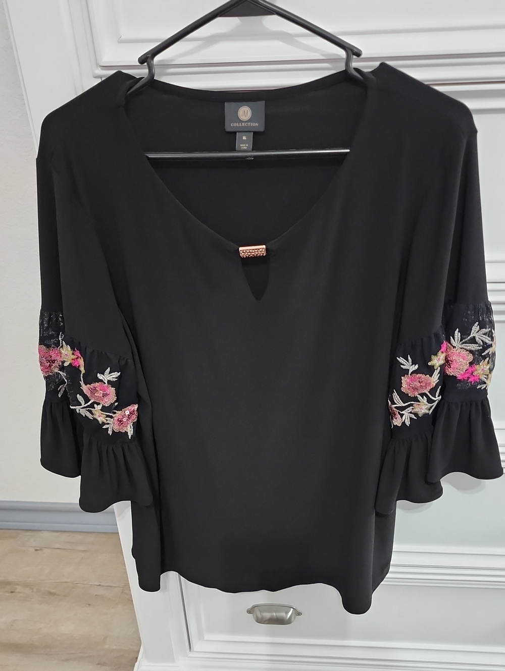 Black Blouse with Pink Floral Embroidery